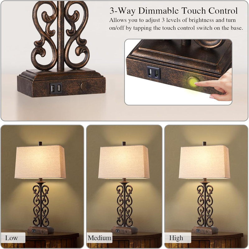 Canora Grey Set Of 2 Farmhouse Touch Table Lamps For Living Room 3 Way Dimmable With Dual USB Ports Vintage Rustic Bedside Desk Lamp For Bedroom End Table 2 LED Bulbs Included Bronze Wayfair